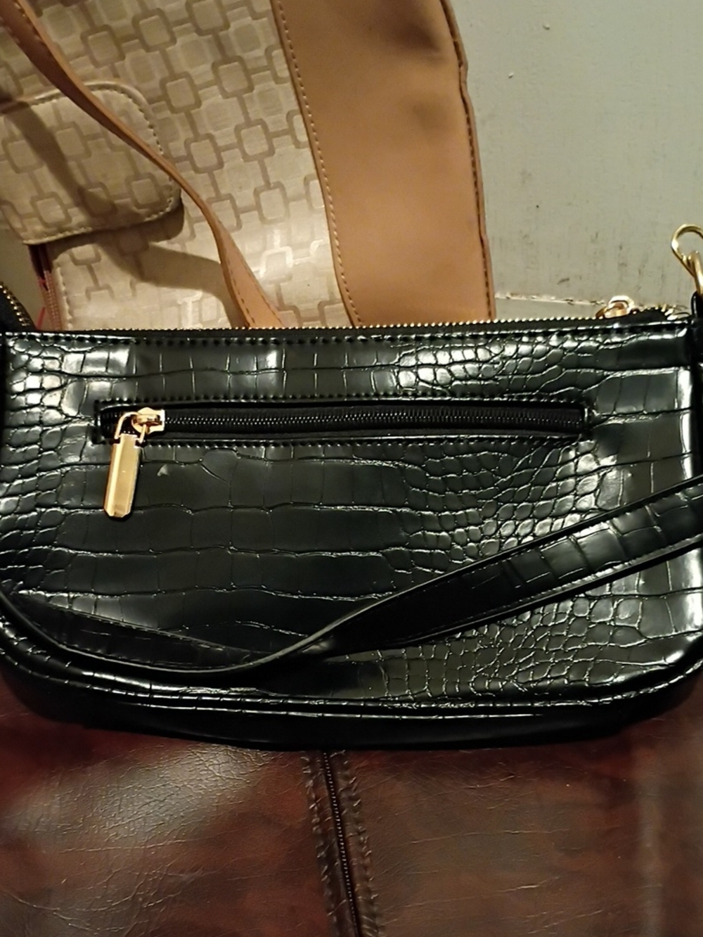Black Croc-Embossed Shoulder Bag with Gold Accent